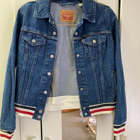 Levi Denim Jacket Front Button with Red White Blue Elastic - Picture 1 of 2